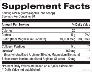Supplement facts for Beyond Brilliance listing ingredients including  Alpha-casozepine, Arginine, Biotin, Bone broth, Collagen