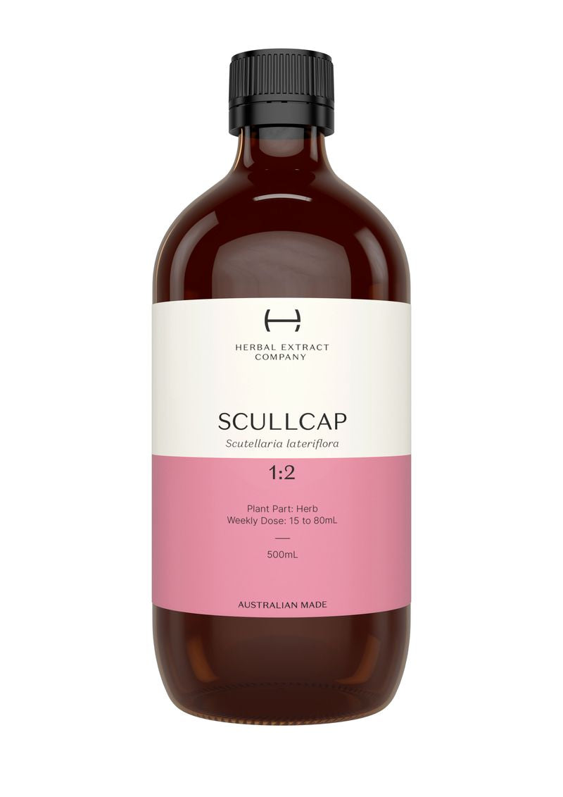 A supplement container of Scullcap 1:2 by Herbal Extract Company