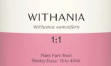 Supplement facts for Withania 1:1 listing ingredients including Ashwagandha (Withania somnifera)