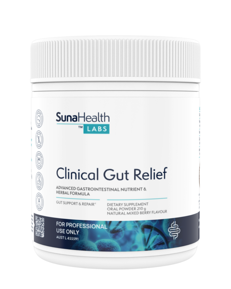 A supplement container of Clinical Gut Relief Mixed Berry by SunaHealth Labs