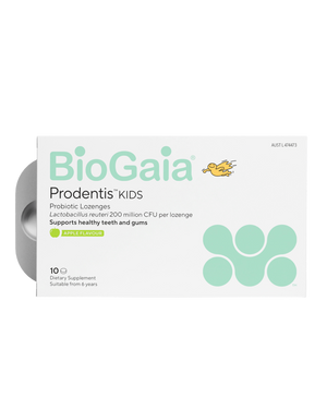 Supplement facts for BioGaia Prodentis Kids Apple, listing ingredients including Lactobacillus Reuteri