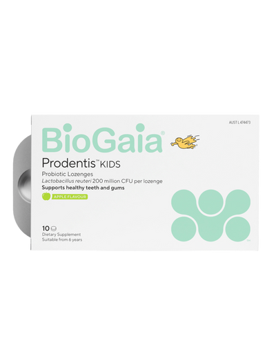 A supplement container of BioGaia Prodentis Kids Apple, by BioGaia