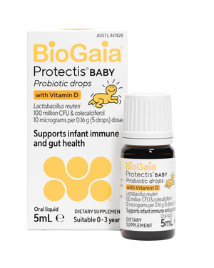Supplement facts for BioGaia Protectis Baby Drops with Vitamin D listing ingredients including Lactobacillus Reuteri, Vitamin D, Vitamin D3