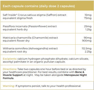 Supplement facts for Calm & Sleep Support listing ingredients including Ashwagandha, Ashwagandha (Withania somnifera), Chamomile, Crocus Sativus Stigmas, Matricaria Recutita