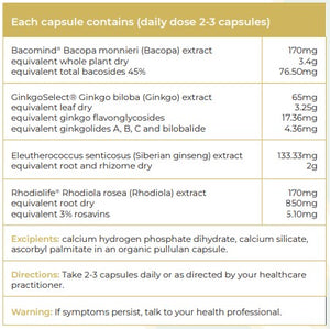 Supplement facts for Memory & Energy Support listing ingredients including Bacopa Monnieri, Eleutherococcus Senitcosus, Gingko biloba, Ginkgo Biloba, Ginkgoheterosides