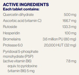 Supplement facts for Histammune Clear, 60tabs listing ingredients including Ananas comosus, Ascorbic Acid, Bromelain, Hesperidin, Protease