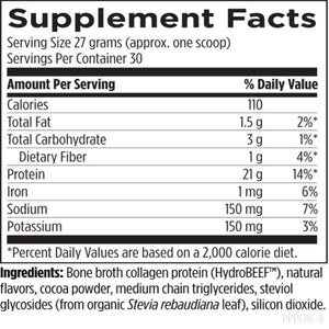 Ingredients: Protein, Iron, Sodium, Potassium, Bone broth collagen protein (HydroBEEF) Coca powder
Steviol glycosides, Triglycerides,  Silicon dioxide.