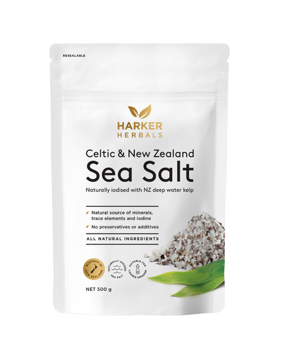 A supplement container of Celtic & New Zealand Sea Salt with Kelp 500gm by Harker Herbals