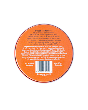 Supplement facts for Omrub 24gm listing ingredients including Althaea officinalis, Arnica montana, Beeswax, Black cumin, Capsicum annum