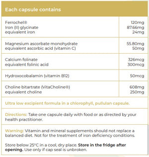 Supplement facts for Vitality Iron listing ingredients including Ascorbic Acid, Calcium Folinate, Choline, Choline Bitartrate, Folinic acid