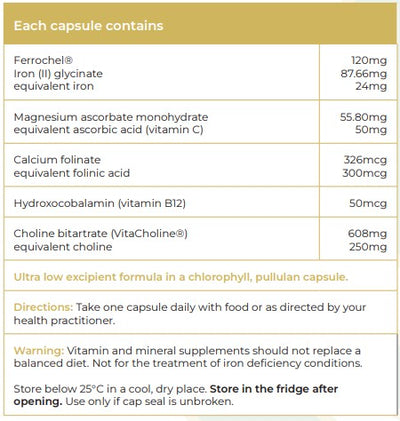 Supplement facts for Vitality Iron listing ingredients including Ascorbic Acid, Calcium Folinate, Choline, Choline Bitartrate, Folinic acid