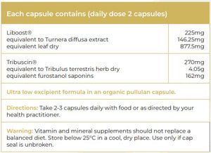 Supplement facts for Hormone Balance & Libido Boost listing ingredients including Damiana (Turnera diffusa), Furostanol Saponins, Tribulus (Tribulus terrestris)