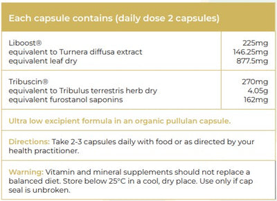Supplement facts for Hormone Balance & Libido Boost listing ingredients including Damiana (Turnera diffusa), Furostanol Saponins, Tribulus (Tribulus terrestris)