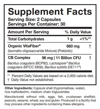 Supplement facts for CoreBiotic