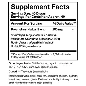 Supplement facts for Crypto-Plus listing ingredients including Black Walnut, Ceanothus Americanus, Cryptolepis Sanguinolenta Root Extract, Juglans nigra, Lomatium Dissectum
