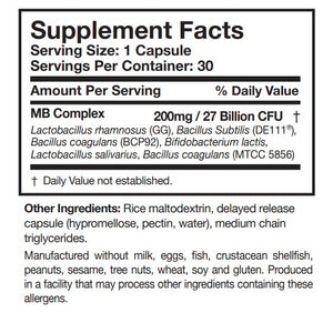 Supplement facts for Multi-Biome listing ingredients including Bacillus Coagulans, Bacillus Subtilis, Bifidobacterium lactis, Lactobacillus rhamnosus, Lactobacillus salivarius