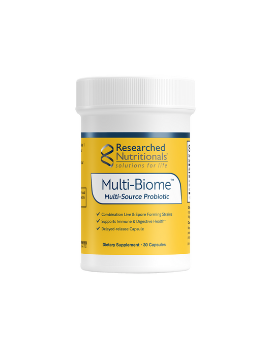 A supplement container of Multi-Biome by Researched Nutritionals