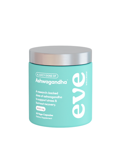 A supplement container of A Juicy Dose of Ashwaganda by Eve