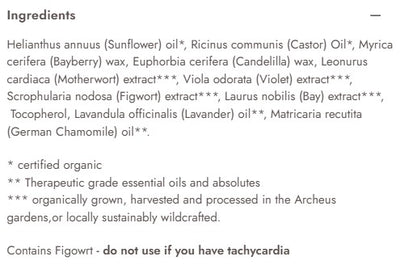 Supplement facts for Flush Edema Relief listing ingredients including Castor Oil, Chamomile, Chamomile (German), Lavender Extract, Lavender oil