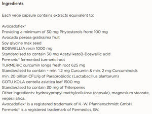 Supplement facts for Joint Protect & Repair listing ingredients including Avocado (Persea Gratissima), Avocado oil, Avocadoflex, Boswellic Acid, Centella Asiatica Gotu Kola