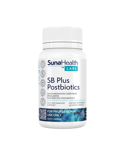A supplement container of SB Plus Postbiotics by SunaHealth Labs