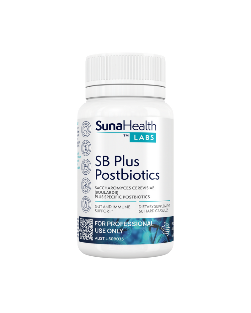 A supplement container of SB Plus Postbiotics by SunaHealth Labs