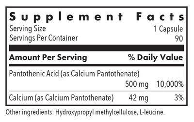 Supplement facts for Pantothenic Acid listing ingredients including Calcium Pantothanate, Vitamin B5, Vitamin B5 (Pantothenic Acid)