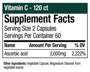 Supplement facts for Vitamin C 1000mg listing ingredients including Ascorbic Acid, Magnesium stearate, Vitamin C