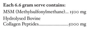 Supplement facts for Joint Care listing ingredients including Collagen Bovine Hydrolysed, MSM, Methylsulfonylmethane
