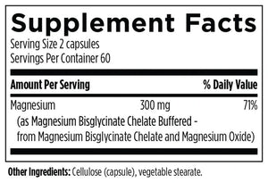 Supplement facts for Magnesium Bisglycinate listing ingredients including Magnesium, Magnesium bisglycinate, Magnesium oxide