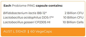 Supplement facts for Probiome PING listing ingredients including Bifidobacterium, Bifidobacterium lactis, Lactobacillus, Lactobacillus Gasseri, Lactobacillus acidophilus