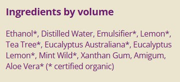 Supplement facts for Purify: Hand Sanitiser 50ml listing ingredients including Aloe Vera, Ethanol, Eucalyptus Oil, Lemon Extract, Olive extract
