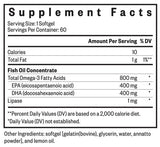 Supplement facts for Fish Oil 60 Softgel listing ingredients including DHA, Docosahexaenoic acid, EPA, Eicosapentaenoic acid, Fish Oil