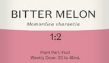 Supplement facts for Bitter Melon 1:2 listing ingredients including Acerola extract, Amla, Amla (Phyllanthus emblica), Aristotelia chilensis, Banana Extract