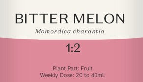 Supplement facts for Bitter Melon 1:2 listing ingredients including Acerola extract, Amla, Amla (Phyllanthus emblica), Aristotelia chilensis, Banana Extract
