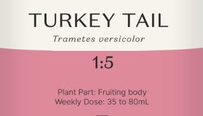 Supplement facts for Turkey Tail 1:5 listing ingredients including Turkey tail mushroom (Trametes versicolor)