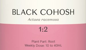 Supplement facts for Black Cohosh 1:2 listing ingredients including Actaea racemosa, Althaea officinalis, American Ginseng, Arctium Lappa, Ashwagandha