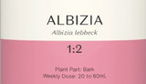 Supplement facts for Albizia 1:2 listing ingredients including Albizia julibrissin, Berberine, Berberis vulgaris, Cat's Claw Bark Extract (Percepta® PT1-00703®), Catuaba Bark
