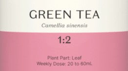 Supplement facts for Green Tea 1:2 listing ingredients including Camellia sinensis, Camellia sinensis Green Tea, Green tea