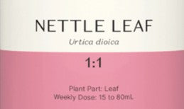 Supplement facts for Nettle Leaf 1:1 listing ingredients including Nettle extract, Stinging nettle (Urtica dioica)