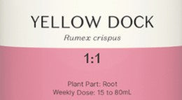 Supplement facts for Yellow Dock 1:1 listing ingredients including Yellow dock (Rumex crispus)