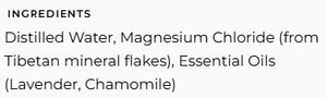 Supplement facts for Sleep Support Spray listing ingredients including Chamomile, Lavender Extract, Magnesium, Magnesium chloride hexahydrate, Matricaria Recutita