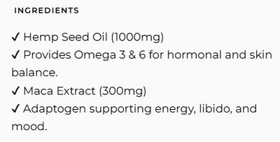 Supplement facts for Hormone Harmony Refill Pouch  (Previously Hempseed Oil and Maca) listing ingredients including Hemp Seed Oil, Maca extract