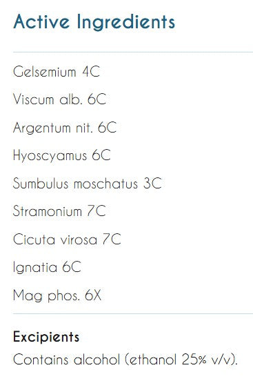 Supplement facts for Acute Instant Calm listing ingredients including Argentum Nitricum, Ethanol, Gelsemium Sempervirens, Gnatia Amara, Hyoscyamus