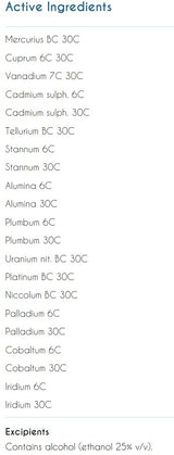 Supplement facts for Acute Metal Chel8 listing ingredients including Ethanol, Vanadium