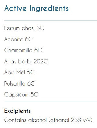 Supplement facts for Acute Sore Throat listing ingredients including Aconite, Anas Barbariensis, Capsicum annum, Cayenne pepper, Chamomile