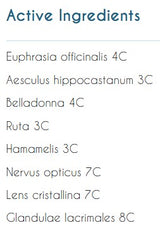 Supplement facts for Organo Vision listing ingredients including Belladonna, Euphrasia Officinalis, Ruta Graveolens