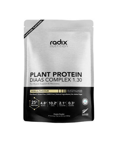 A supplement container of Plant Protein DIAAS Complex 1.30 1kg (Vanilla) by Radix Nutrition