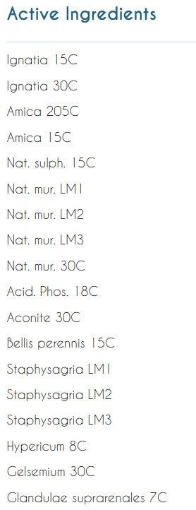 Supplement facts for NBWS Post-Trauma listing ingredients including Aconite, Bellis Perennis, Gelsemium Sempervirens, Gnatia Amara, Hypericum