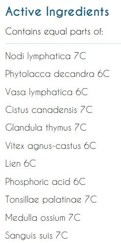 Supplement facts for Organo Immune listing ingredients including Chaste tree (Vitex agnus-castus), Poke Root